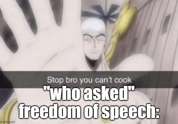 Stop bro you can't cook | "who asked" freedom of speech: | image tagged in stop bro you can't cook | made w/ Imgflip meme maker