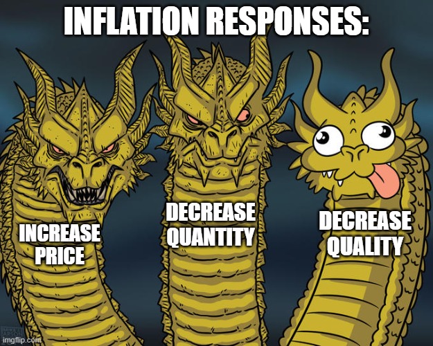 Economies be damned. | INFLATION RESPONSES:; DECREASE QUANTITY; DECREASE QUALITY; INCREASE PRICE | image tagged in three-headed dragon | made w/ Imgflip meme maker