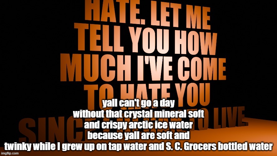 AM Hate Speech 3D | yall can't go a day without that crystal mineral soft and crispy arctic ice water because yall are soft and twinky while I grew up on tap water and S. C. Grocers bottled water | image tagged in am hate speech 3d | made w/ Imgflip meme maker