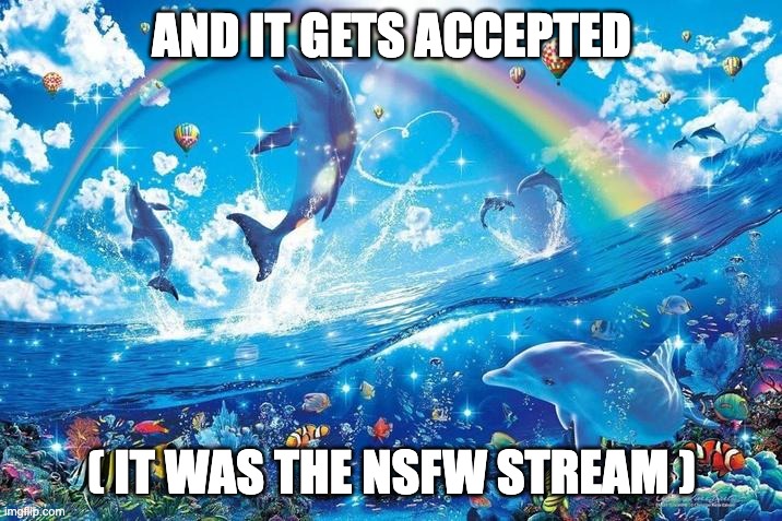 Happy dolphin rainbow | AND IT GETS ACCEPTED ( IT WAS THE NSFW STREAM ) | image tagged in happy dolphin rainbow | made w/ Imgflip meme maker