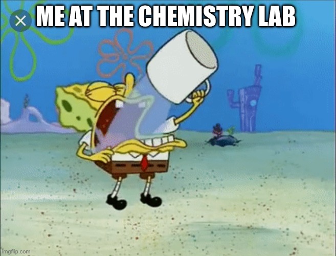 Spongebob drinking water | ME AT THE CHEMISTRY LAB | image tagged in spongebob drinking water | made w/ Imgflip meme maker