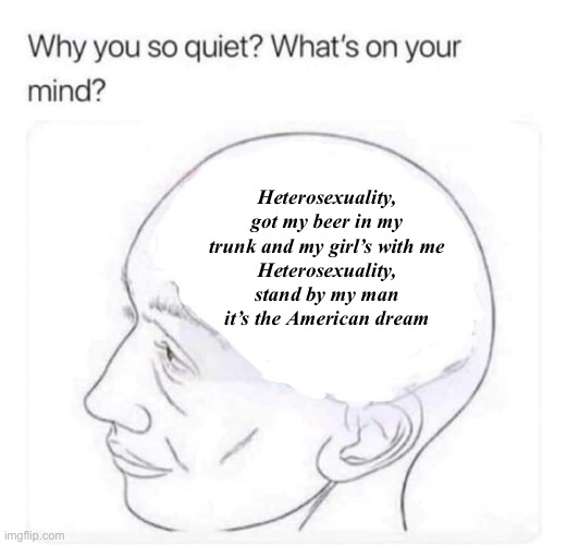 Heterosexuality-American Dream | Heterosexuality, got my beer in my trunk and my girl’s with me
Heterosexuality, stand by my man it’s the American dream | image tagged in what's on your mind | made w/ Imgflip meme maker