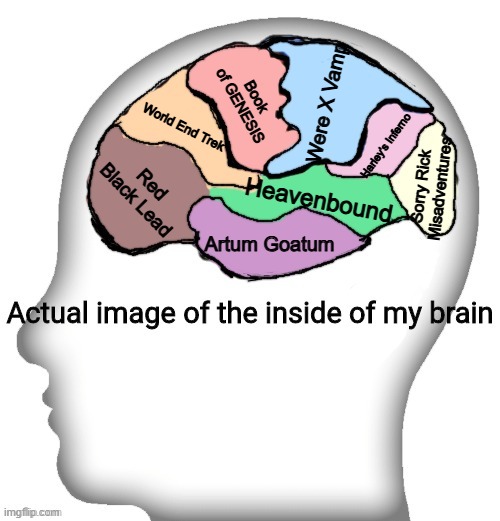 this is all the books i wanna write but mostly will never happen | Were X Vamp; Book of GENESIS; World End Trek; Harley's Inferno; Red Black Lead; Sorry Rick Misadventures; Heavenbound; Artum Goatum | image tagged in actual image of the inside of my brain | made w/ Imgflip meme maker