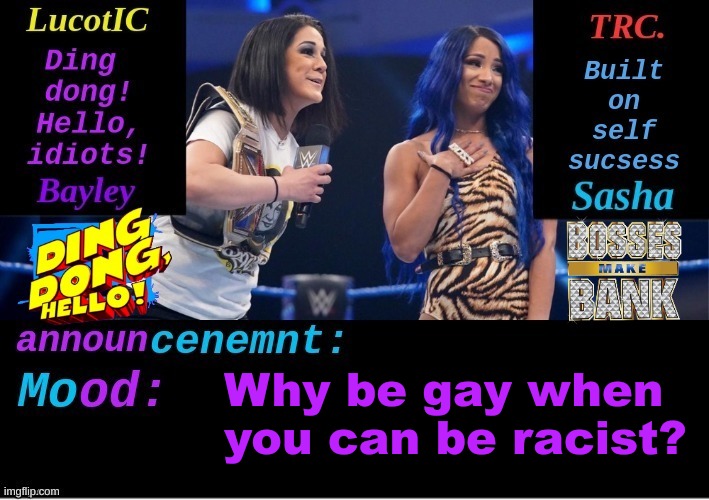 ? | Why be gay when you can be racist? | image tagged in lucotic and trc boss 'n' hug connection duo announcement temp | made w/ Imgflip meme maker