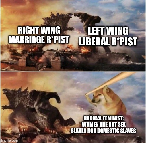 Kong Godzilla Doge | RIGHT WING MARRIAGE R*PIST LEFT WING LIBERAL R*PIST RADICAL FEMINIST:
WOMEN ARE NOT SEX SLAVES NOR DOMESTIC SLAVES | image tagged in kong godzilla doge | made w/ Imgflip meme maker