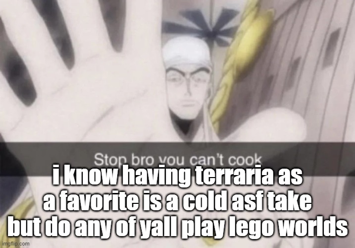 Stop bro you can't cook | i know having terraria as a favorite is a cold asf take but do any of yall play lego worlds | image tagged in stop bro you can't cook | made w/ Imgflip meme maker