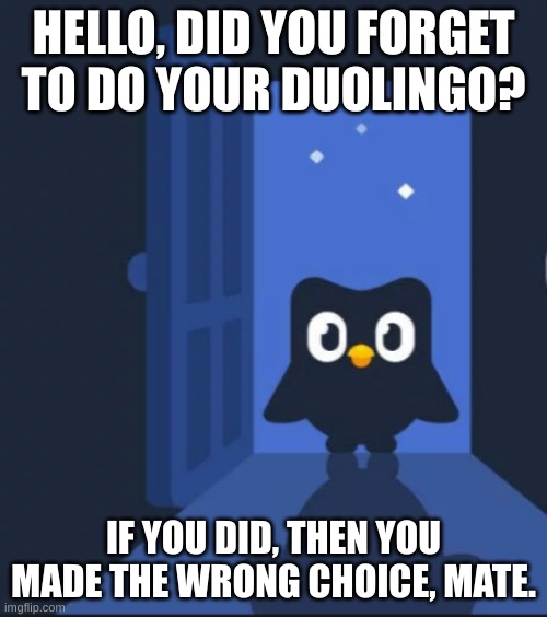 Yeah, Oh No. | HELLO, DID YOU FORGET TO DO YOUR DUOLINGO? IF YOU DID, THEN YOU MADE THE WRONG CHOICE, MATE. | image tagged in duolingo bird,yeah,oh,no,what do we do,it's duo | made w/ Imgflip meme maker