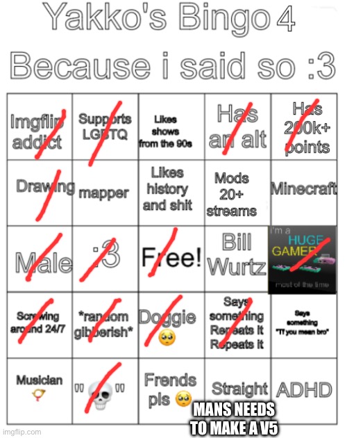 Yakko's bingo V4 | MANS NEEDS TO MAKE A V5 | image tagged in yakko's bingo v4 | made w/ Imgflip meme maker