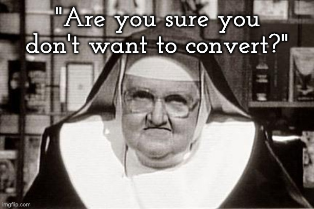 nun | "Are you sure you don't want to convert?" | image tagged in nun | made w/ Imgflip meme maker