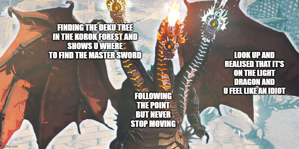 FINDING THE DEKU TREE
IN THE KOROK FOREST AND
SHOWS U WHERE
TO FIND THE MASTER SWORD; LOOK UP AND REALISED THAT IT'S
ON THE LIGHT DRAGON AND
U FEEL LIKE AN IDIOT; FOLLOWING THE POINT BUT NEVER STOP MOVING | made w/ Imgflip meme maker