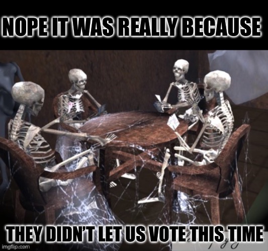 Skeletons Waiting | NOPE IT WAS REALLY BECAUSE THEY DIDN’T LET US VOTE THIS TIME | image tagged in skeletons waiting | made w/ Imgflip meme maker