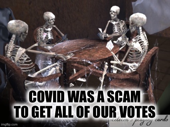 Skeletons Waiting | COVID WAS A SCAM TO GET ALL OF OUR VOTES | image tagged in skeletons waiting | made w/ Imgflip meme maker