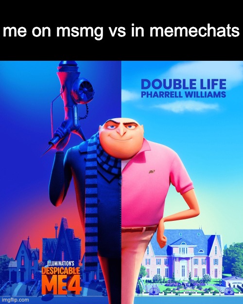 Double Life | me on msmg vs in memechats | image tagged in double life | made w/ Imgflip meme maker