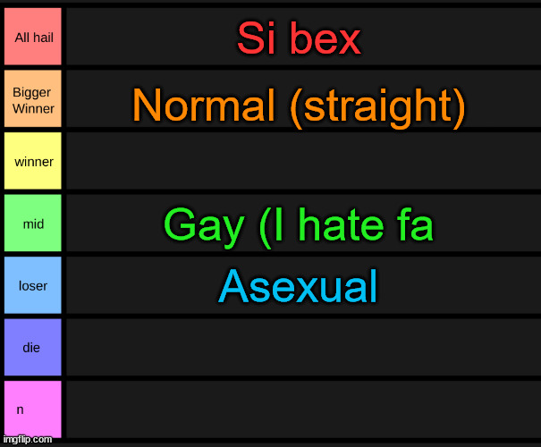 I tiered all sexualities | Si bex; Normal (straight); Gay (I hate fa; Asexual | image tagged in yoshi's tier list | made w/ Imgflip meme maker