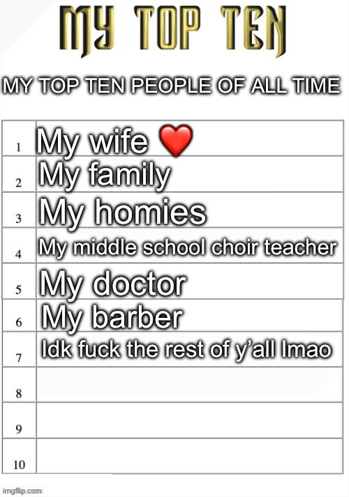 Top ten list better | MY TOP TEN PEOPLE OF ALL TIME; My wife ❤️; My family; My homies; My middle school choir teacher; My doctor; My barber; Idk fuck the rest of y’all lmao | image tagged in top ten list better | made w/ Imgflip meme maker