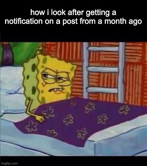 mf this was a long ass time ago | how i look after getting a notification on a post from a month ago | image tagged in spongebob waking up | made w/ Imgflip meme maker