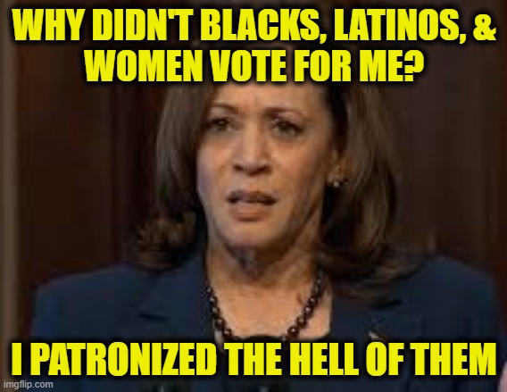 More Leftist Logic | WHY DIDN'T BLACKS, LATINOS, &
WOMEN VOTE FOR ME? I PATRONIZED THE HELL OF THEM | image tagged in kamala harris | made w/ Imgflip meme maker