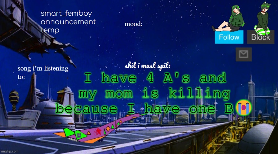 smart_femboy announcement temp v2 | I have 4 A's and my mom is killing because I have one B😭 | image tagged in smart_femboy announcement temp v2 | made w/ Imgflip meme maker