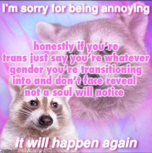 no hateful or transphobic intent here | honestly if you’re trans just say you’re whatever gender you’re transitioning into and don’t face reveal 
not a soul will notice | image tagged in sorry for being annoying | made w/ Imgflip meme maker