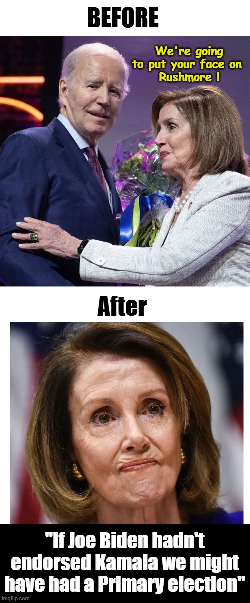 Pelosi Before / After | BEFORE; We're going to put your face on 
Rushmore ! After; "If Joe Biden hadn't endorsed Kamala we might have had a Primary election" | image tagged in pelosi before after | made w/ Imgflip meme maker