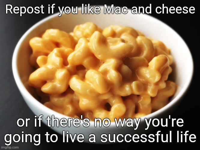 Mac and Cheese  | Repost if you like Mac and cheese; or if there's no way you're going to live a successful life | image tagged in mac and cheese | made w/ Imgflip meme maker