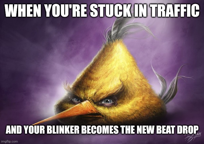 Facts | WHEN YOU'RE STUCK IN TRAFFIC; AND YOUR BLINKER BECOMES THE NEW BEAT DROP | image tagged in realistic yellow angry bird | made w/ Imgflip meme maker