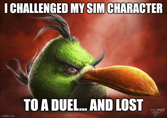 Imagine getting mauled imao | I CHALLENGED MY SIM CHARACTER; TO A DUEL... AND LOST | image tagged in realistic angry bird | made w/ Imgflip meme maker