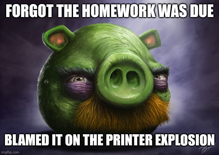 Relatable? | FORGOT THE HOMEWORK WAS DUE; BLAMED IT ON THE PRINTER EXPLOSION | image tagged in realistic angry birds | made w/ Imgflip meme maker