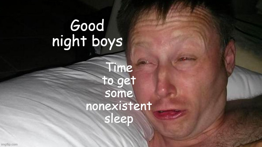 Night boys ? | Time to get some nonexistent sleep; Good night boys | image tagged in woken up | made w/ Imgflip meme maker