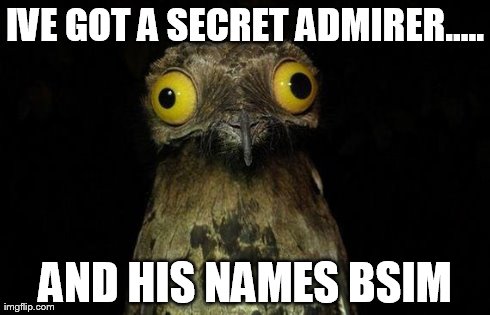 Weird Stuff I Do Potoo | IVE GOT A SECRET ADMIRER..... AND HIS NAMES BSIM | image tagged in memes,weird stuff i do potoo | made w/ Imgflip meme maker