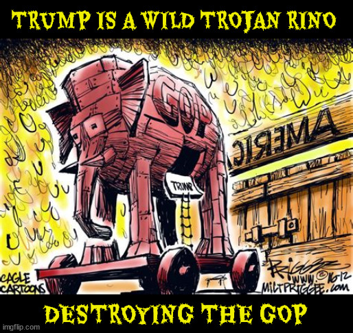 The Secrets Out | TRUMP IS A WILD TROJAN RINO; DESTROYING THE GOP | image tagged in trump triojan rino,maga massacre,mitch is mesmerized,trump tragedy,lost seats,maga morons | made w/ Imgflip meme maker