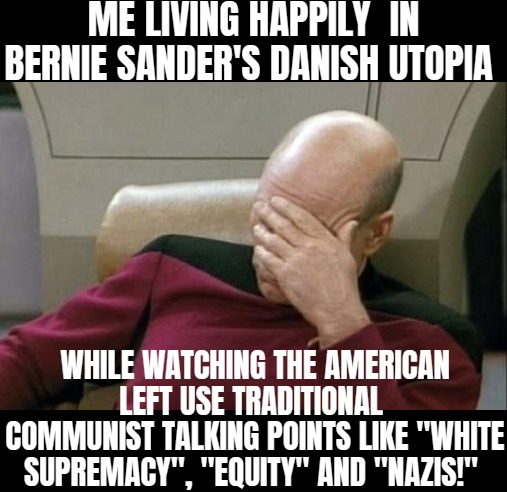 Completely off the rails | ME LIVING HAPPILY  IN BERNIE SANDER'S DANISH UTOPIA; WHILE WATCHING THE AMERICAN LEFT USE TRADITIONAL 
COMMUNIST TALKING POINTS LIKE "WHITE SUPREMACY", "EQUITY" AND "NAZIS!" | image tagged in memes,captain picard facepalm,american politics | made w/ Imgflip meme maker