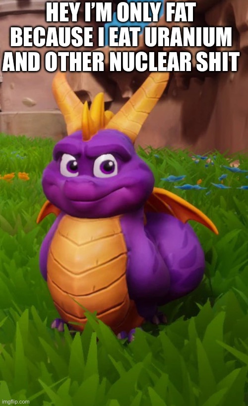 Fat Spyro | HEY I’M ONLY FAT BECAUSE I EAT URANIUM AND OTHER NUCLEAR SHIT | image tagged in fat spyro | made w/ Imgflip meme maker