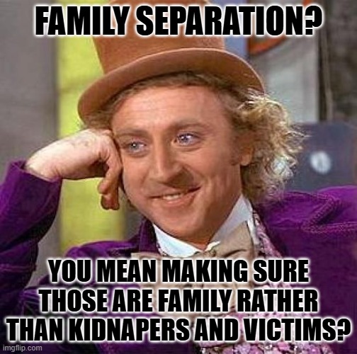 Creepy Condescending Wonka | FAMILY SEPARATION? YOU MEAN MAKING SURE THOSE ARE FAMILY RATHER THAN KIDNAPERS AND VICTIMS? | image tagged in memes,creepy condescending wonka | made w/ Imgflip meme maker