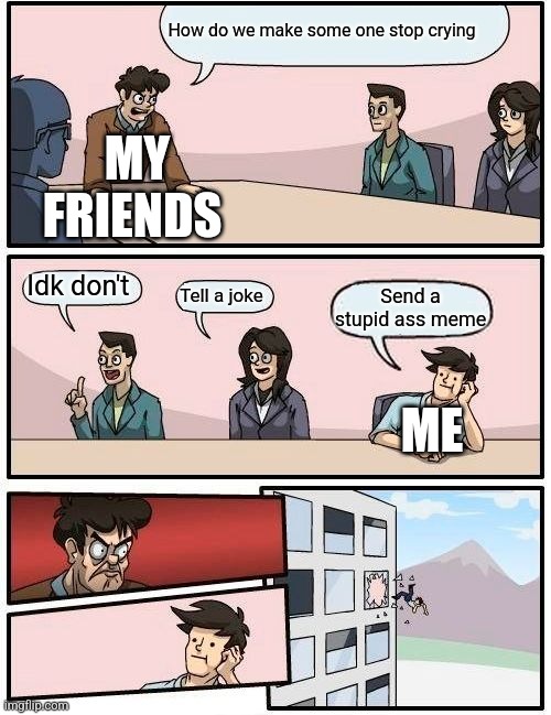 Boardroom Meeting Suggestion | How do we make some one stop crying; MY FRIENDS; Idk don't; Tell a joke; Send a stupid ass meme; ME | image tagged in memes,boardroom meeting suggestion | made w/ Imgflip meme maker