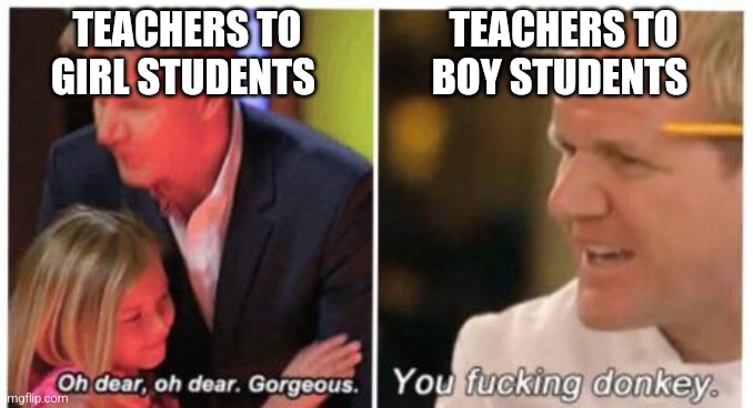 Teachers to students | TEACHERS TO GIRL STUDENTS; TEACHERS TO BOY STUDENTS | image tagged in oh dear dear gorgeus | made w/ Imgflip meme maker