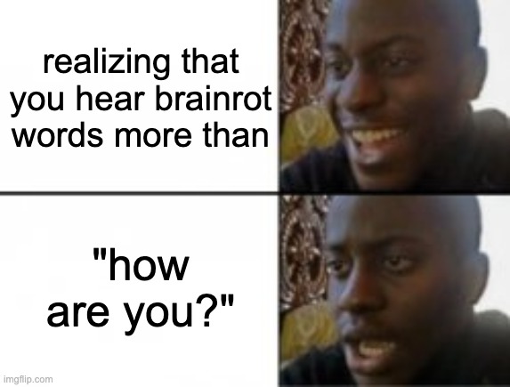 Happy sad | realizing that you hear brainrot words more than; "how are you?" | image tagged in happy sad | made w/ Imgflip meme maker