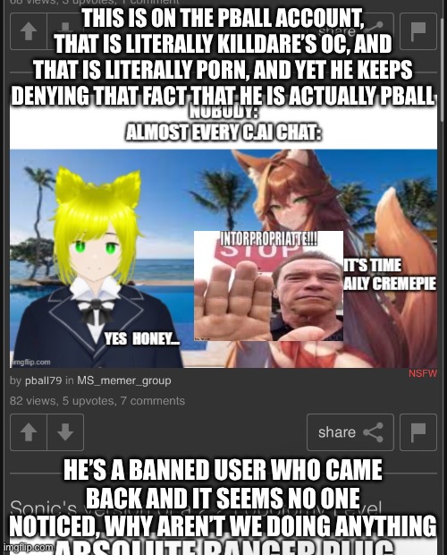 THIS IS ON THE PBALL ACCOUNT, THAT IS LITERALLY KILLDARE’S OC, AND THAT IS LITERALLY PORN, AND YET HE KEEPS DENYING THAT FACT THAT HE IS ACTUALLY PBALL; HE’S A BANNED USER WHO CAME BACK AND IT SEEMS NO ONE NOTICED, WHY AREN’T WE DOING ANYTHING | made w/ Imgflip meme maker