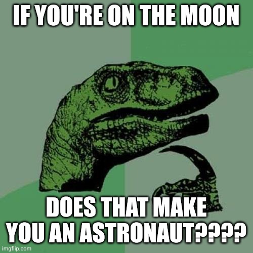 You're an astronaut harry | IF YOU'RE ON THE MOON; DOES THAT MAKE YOU AN ASTRONAUT???? | image tagged in memes,philosoraptor,jpfan102504 | made w/ Imgflip meme maker