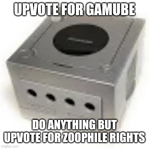 Upvote for gamecube | UPVOTE FOR GAMUBE; DO ANYTHING BUT UPVOTE FOR ZOOPHILE RIGHTS | image tagged in gamecube | made w/ Imgflip meme maker