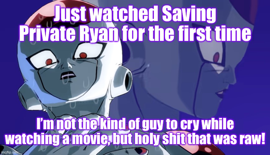 Wow is all I have to say | Just watched Saving Private Ryan for the first time; I’m not the kind of guy to cry while watching a movie, but holy shit that was raw! | image tagged in frieza sweating | made w/ Imgflip meme maker