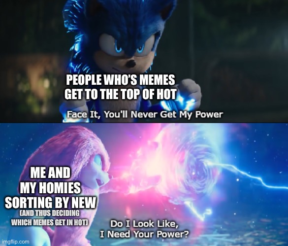 Yes | PEOPLE WHO’S MEMES GET TO THE TOP OF HOT; ME AND MY HOMIES SORTING BY NEW; (AND THUS DECIDING WHICH MEMES GET IN HOT) | image tagged in do i look like i need your power meme | made w/ Imgflip meme maker