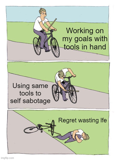 Self Sabotage! | Working on my goals with tools in hand; Using same tools to self sabotage; Regret wasting lfe | image tagged in memes,bike fall | made w/ Imgflip meme maker