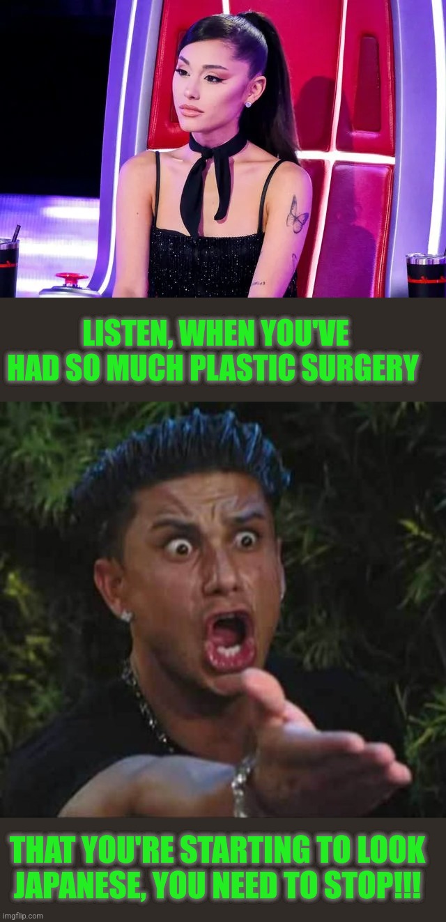 LISTEN, WHEN YOU'VE HAD SO MUCH PLASTIC SURGERY; THAT YOU'RE STARTING TO LOOK JAPANESE, YOU NEED TO STOP!!! | image tagged in jersey shore | made w/ Imgflip meme maker