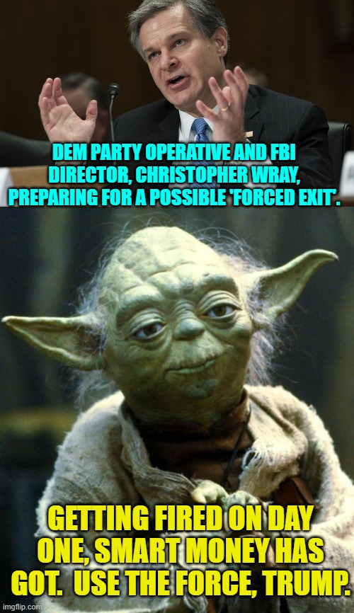 Trump's going to need a bigger garbage truck. | DEM PARTY OPERATIVE AND FBI DIRECTOR, CHRISTOPHER WRAY, PREPARING FOR A POSSIBLE 'FORCED EXIT'. GETTING FIRED ON DAY ONE, SMART MONEY HAS GOT.  USE THE FORCE, TRUMP. | image tagged in star wars yoda | made w/ Imgflip meme maker