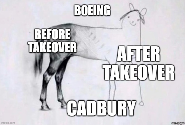 When Greed Rears Its Ugly Head | BOEING; BEFORE TAKEOVER; AFTER TAKEOVER; CADBURY | image tagged in horse drawing | made w/ Imgflip meme maker