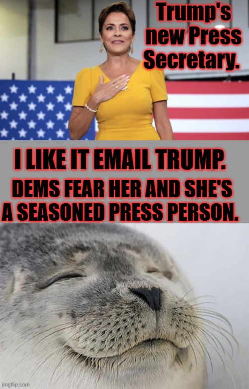 Trump's new Press Secretary. I LIKE IT EMAIL TRUMP. DEMS FEAR HER AND SHE'S A SEASONED PRESS PERSON. | image tagged in memes,satisfied seal | made w/ Imgflip meme maker