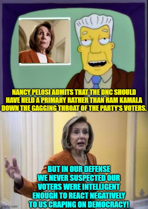 Post election Dem Party leadership honesty.  The ONLY TIME they are EVER honest. | NANCY PELOSI ADMITS THAT THE DNC SHOULD HAVE HELD A PRIMARY RATHER THAN RAM KAMALA DOWN THE GAGGING THROAT OF THE PARTY'S VOTERS. BUT IN OUR DEFENSE WE NEVER SUSPECTED OUR VOTERS WERE INTELLIGENT ENOUGH TO REACT NEGATIVELY TO US CRAPING ON DEMOCRACY! | image tagged in yep | made w/ Imgflip meme maker