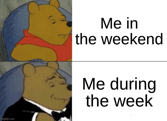 Tuxedo Winnie The Pooh | Me in the weekend; Me during the week | image tagged in memes,tuxedo winnie the pooh | made w/ Imgflip meme maker