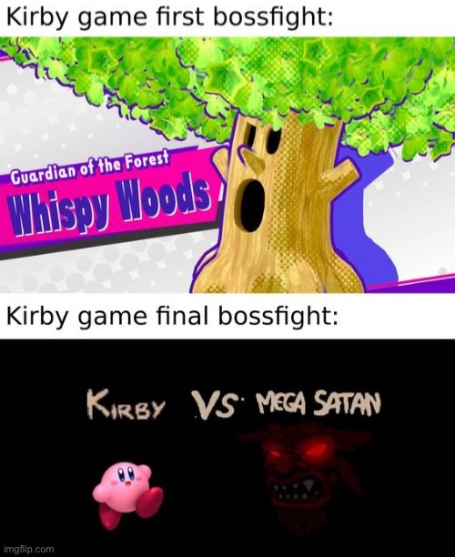 Kirby be like | image tagged in kirby,satan,wood | made w/ Imgflip meme maker